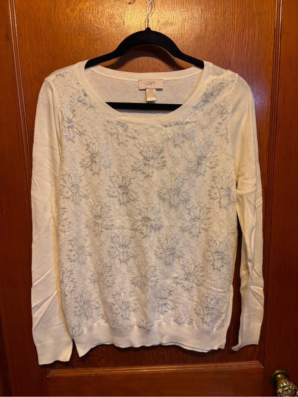 LOFT White Sweater with Silver Sequin Floral Detail